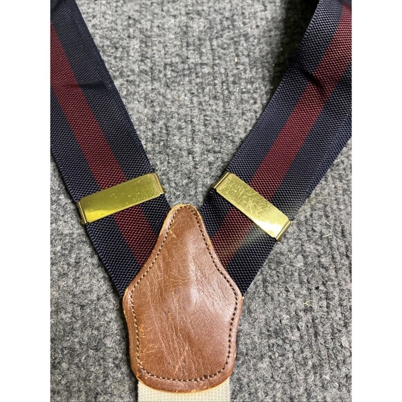 Vintage Brooks Brothers Burgundy & Navy Blue Striped Suspenders Leather - Picture 3 of 7
